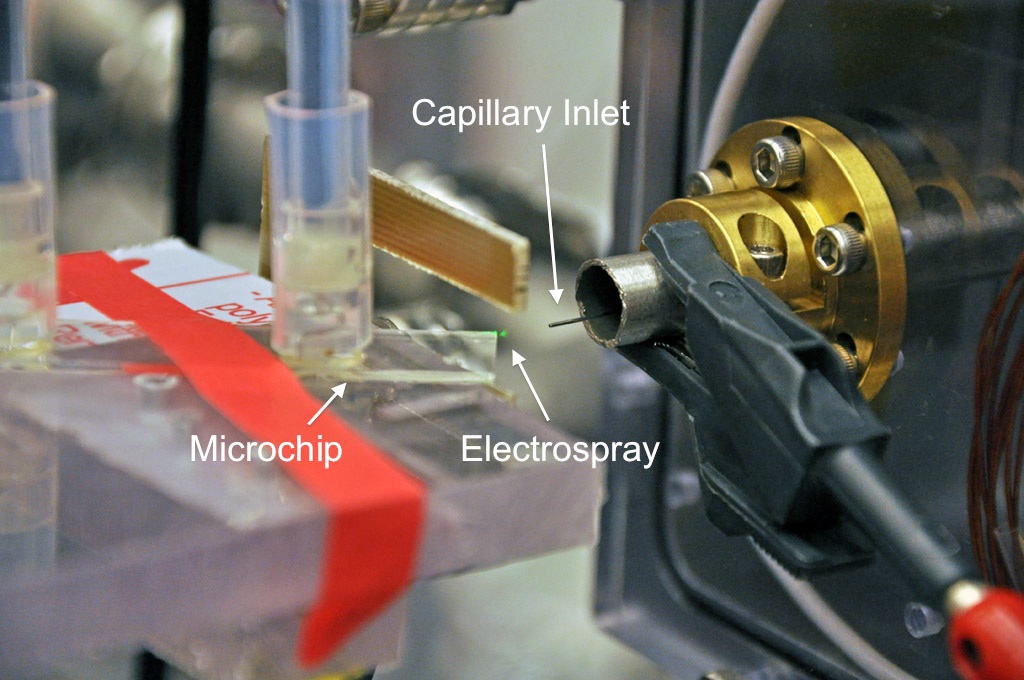 The Ce-ESI to MS interface, with arrows pointing to the microchip, electrospray and capillary inlet