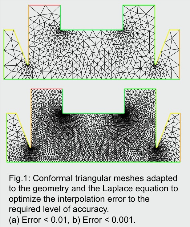 Fig 1. Conformal triangular meshes adapted to the geometry and the Laplace equation to optimize the interpolation error to the required level of accuracy. (a) Error less than 0.01, b) Error less than 0.001